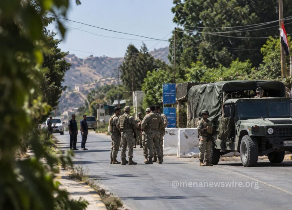 Group of soldiers in desert camouflage standing on a rural road beside a military transport vehicle.