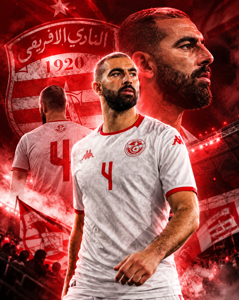 Tunisian footballer in white jersey with red number 4, stadium lights behind and a large club crest in red.