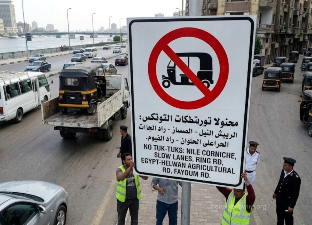 menanewswireorg 1 - MENA News Wire Large no-tuk-tuks road sign with Arabic and English text, held up by workers on a busy riverfront street with vehicles nearby.