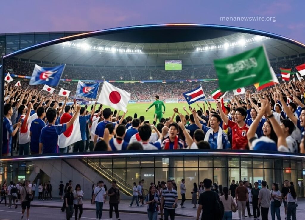 menanewswireorg 1 - MENA News Wire Crowd of soccer fans waving national flags in a packed stadium during a match, with a glowing roof and a large screen in the background.
