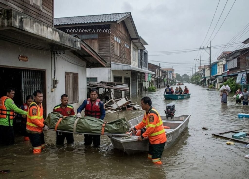 menanewswireorg 5 - MENA News Wire Emergency responders in orange vests carry a green body bag on a stretcher through a flooded street, with boats and residents in the water nearby.