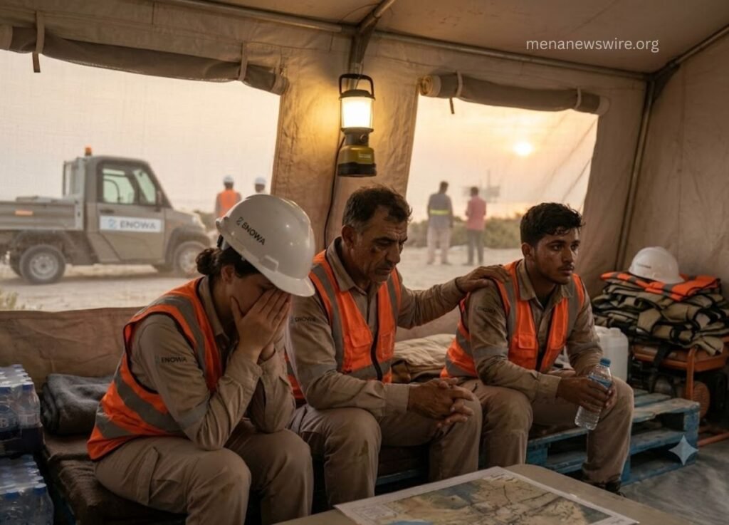 menanewswireorg 7 - MENA News Wire Three construction workers in orange vests sit inside a tentshelter, one praying with hands over face, others somber, during a break at a site.